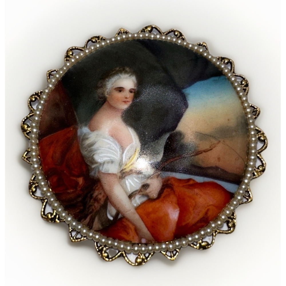 Vintage Porcelain Portrait Brooch Pendant Victorian Revival Faux Pearl Filigree